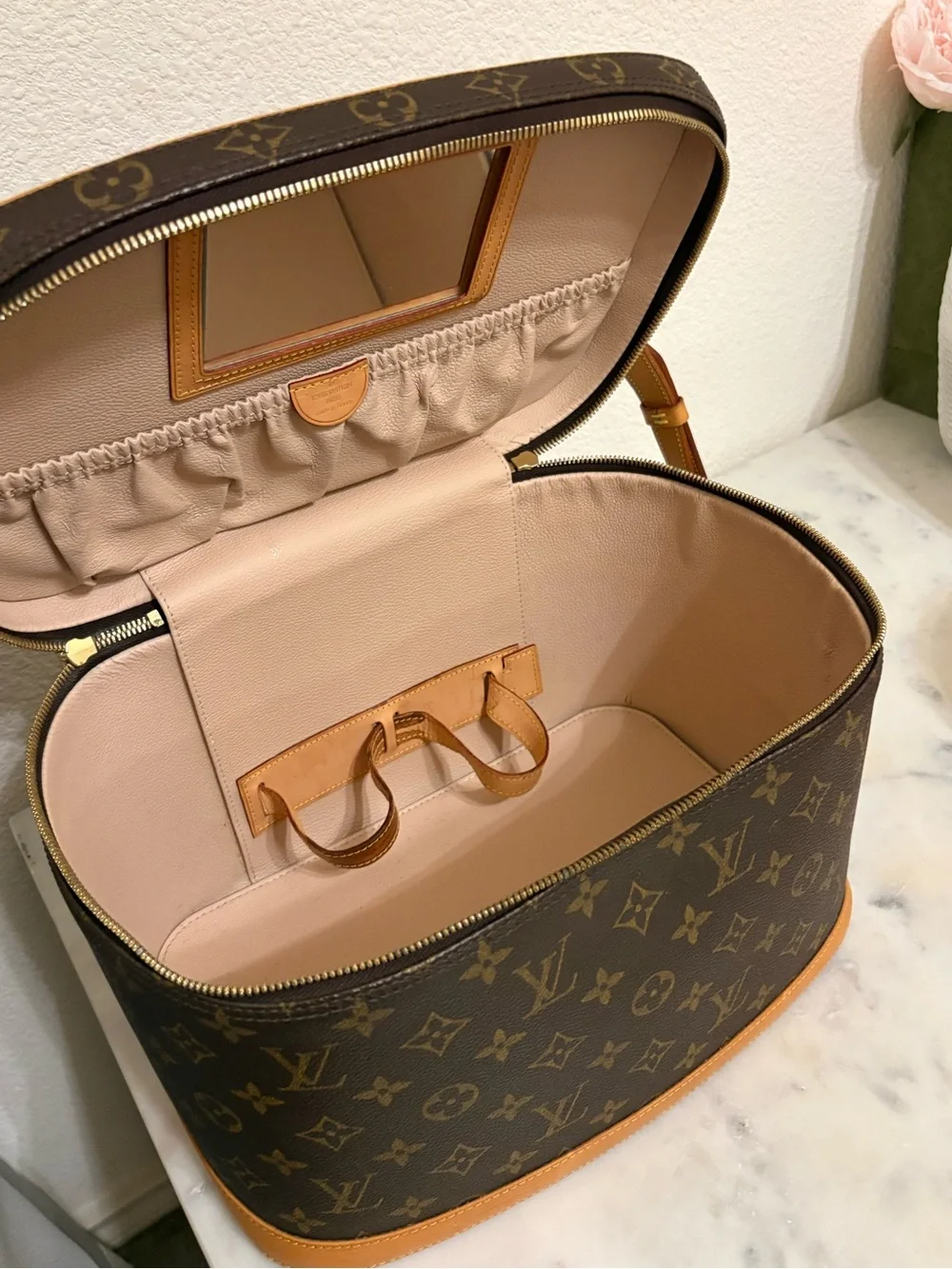 Louis Vuitton Monogram Train Case in Brown with Blush Interior